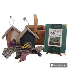 Vintage Handmade Birdhouse Craft Shelf Sitters With Nature Book and Gift Basket
